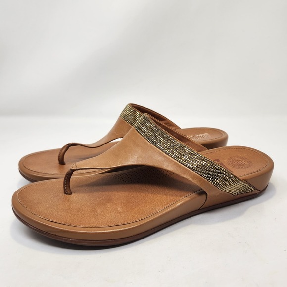 FitFlop Womens Banda Brown Leather Gold Crystal Thong Sandals Size 9 Toe Post - Picture 5 of 9
